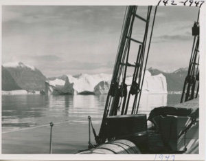 Image: Icebergs and port-side of Bowdoin